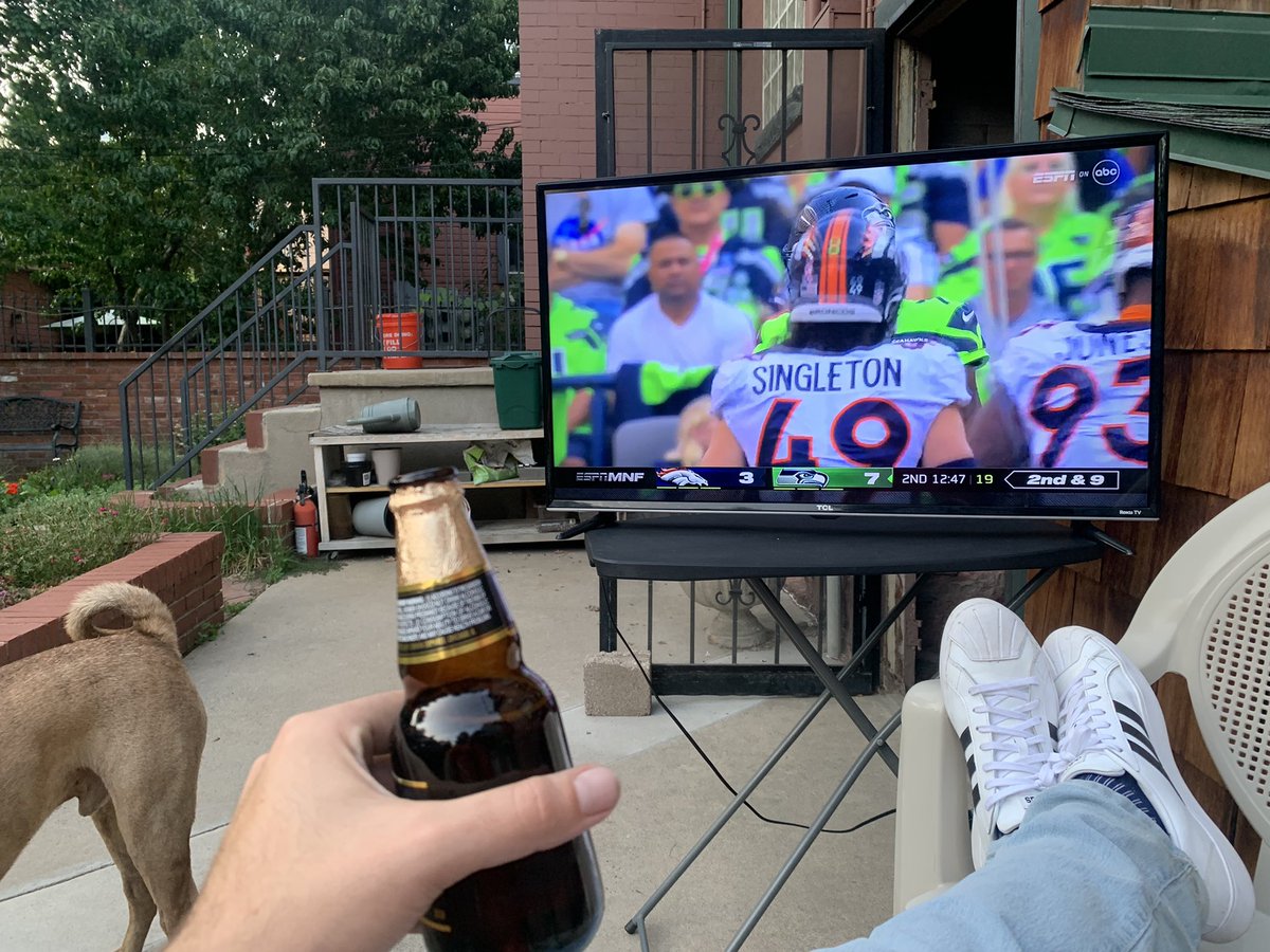 RubinoJC's tweet photo. Missed the first quarter but not a bad setup for the Broncos’ 2022 season opener on Monday Night Football. #Denversummer #Montybutt https://t.co/0ORjIYkwGr