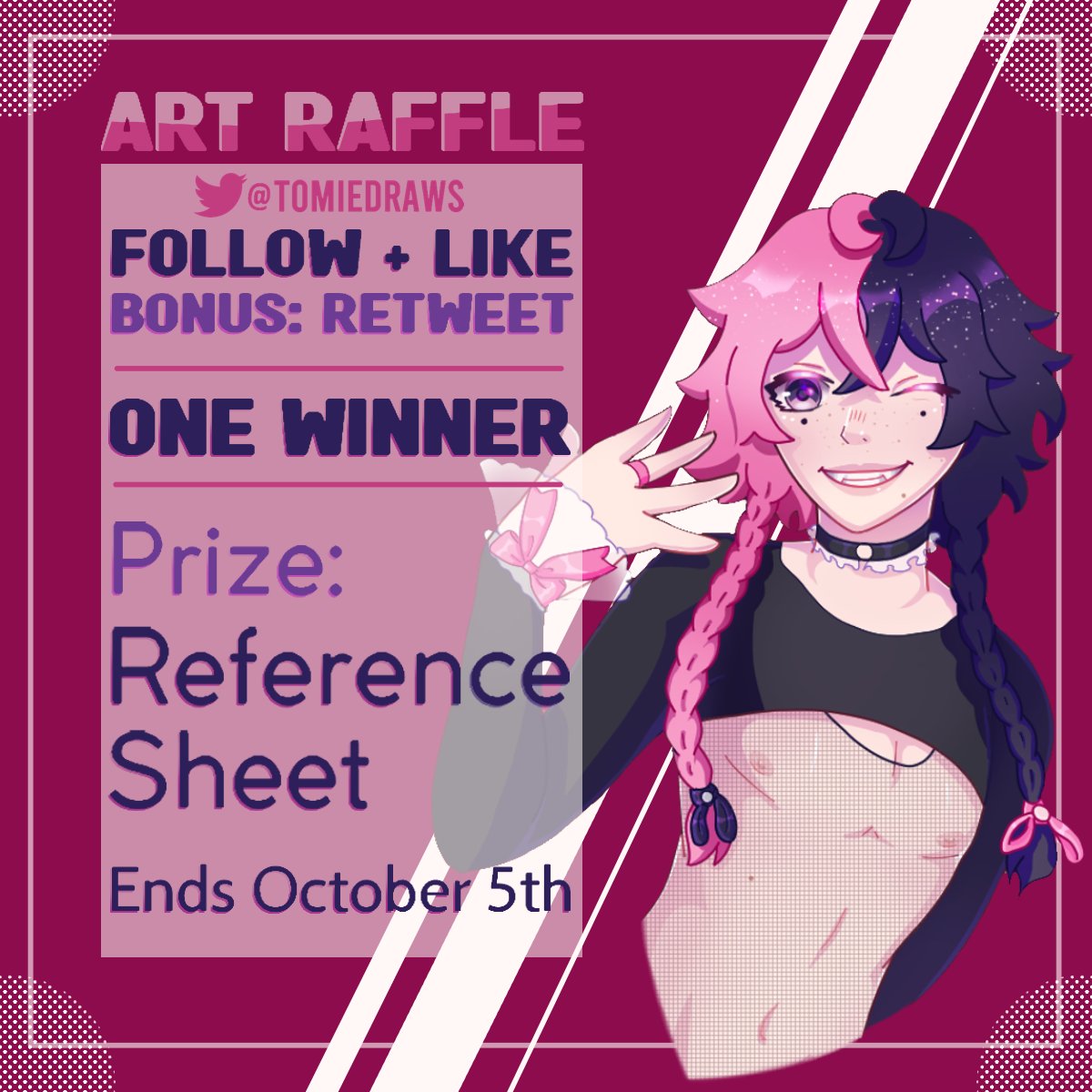 Tomiedraws's tweet photo. ✨ART RAFFLE✨
- Follow and Like to enter!
- Bonus: Retweet for an extra entry!
- ONE winner will receive a Reference Sheet for their OC!
- Ends October 5th!

#giveaway #freeart #referencesheet #originalcharacter https://t.co/ej7REGMNAe