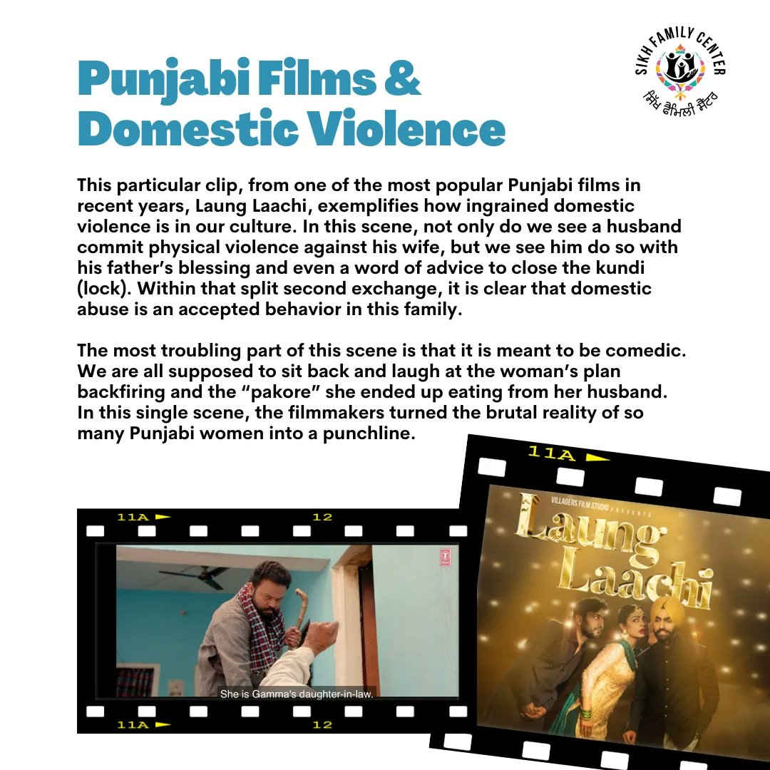 SikhFamilyCtr's tweet photo. Whether or not we like to admit it, media is a lens through which we view and shape the community and culture around us. In Punjabi films, how often do you see domestic violence abuse normalized and mainstreamed? https://t.co/hy7wPFkjId