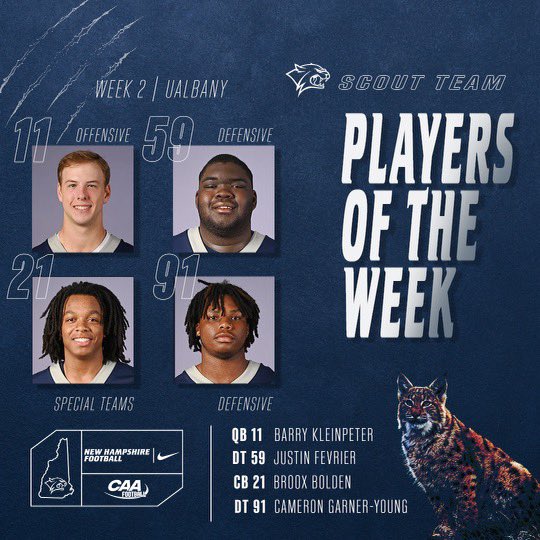 UNH_Football's tweet photo. Scout Team Players of the week!
#CatJui23 😼🧃 https://t.co/KCkJM2uCyQ