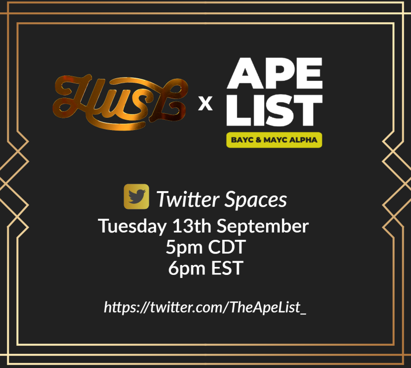 👀 HUSL X Apelist Twitter Space 9/13 6 PM ET
x.com/TheApeList_

🪂 Incoming @huslnfts 🎉 #Giveaway 🎉 

🎁 One Founders Card ($500 Value)
To enter:
1️⃣ Follow @huslnfts
2️⃣ 💙Like and♻️ RT 
3️⃣ Tag 3 friends below! ⬇️

Winners announced in 24h!🏆

#NFTCommunity #NFTGiveaways