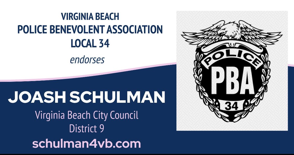 757Joash's tweet photo. Honored to have my campaign for VB City Council, District 9, endorsed by @VBPBA34! Virginia Beach is the safest city of our size in the nation because of the professionalism and dedication of our brave men and women serving in our law enforcement community! #VBStrong #Schulman4vb https://t.co/LLOlPV6g9t