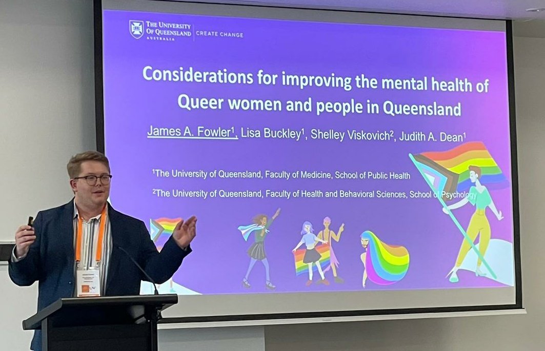 DrDanBorg's tweet photo. James Fowler describes ⬆️stresses distal &amp; proximal stressors 4  who identify from the 🏳️‍🌈community. Considerations 2 improve mental health 4 queer women: intersectionality, community, tailor interventions  @UQMedicine @UQHealth #QLDWomensHealth forum https://t.co/zXm82bjRHP