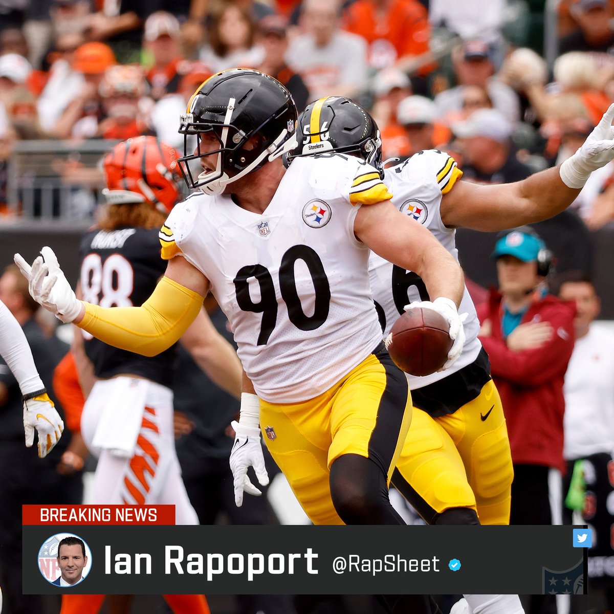 #Steelers reigning defensive player of the year TJ Watt is still waiting on more information, but the belief is his pectoral injury will not require surgery and is not season-ending, sources tell me and <a href="/TomPelissero/">Tom Pelissero</a>. He could be back in six weeks or so.
