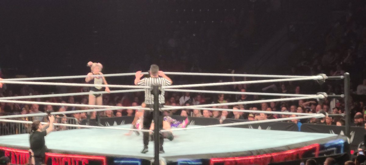 PWReport_'s tweet photo. The EST Of WWE @BiancaBelairWWE doing the Kiss of Death to @shirai_io at WWE Saturday Night Main Event.
#WWEColoradoSprings #WWERaw https://t.co/e59z2gHyqp