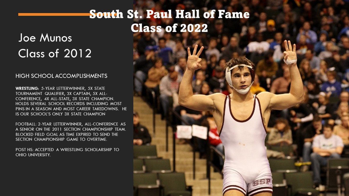 SSPAthletics's tweet photo. Congratulations to South St. Paul Packer Alum Joe Munos,class of 2012, on his induction to South St. Paul Hall of Fame . 

The ceremony to recognize the Hall of Fame class of 2022 will be Friday, September 30th at 5:00 PM in Metzen Hall. 
#ssppride https://t.co/4SOBxsNIX7