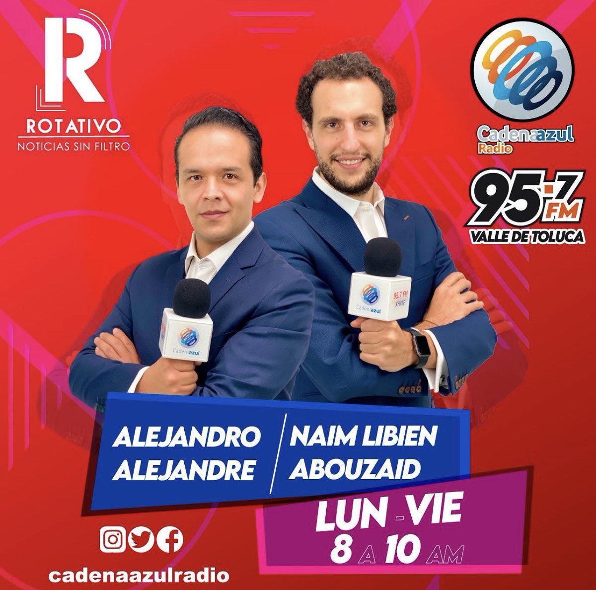 No te pierdas #rotativonoticias con #AlejandroAlejandre y <a href="/NaimLibien/">Naim Libien Abouzaid</a> todos los días a través del #95.7 FM Valle de Toluca, #100.5 Colima y en la app Cadena Azul. <a href="/rotativodemex/">Rotativo de México</a>