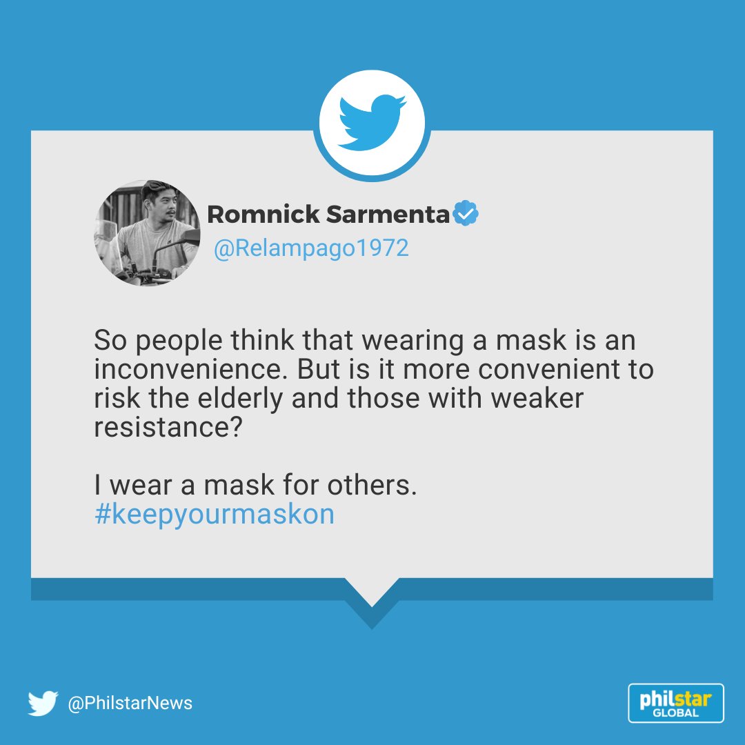 PhilstarNews's tweet photo. ‘I WEAR A MASK FOR OTHERS.’

Actor Romnick Sarmenta tweeted this on Monday following the country's implementation of the voluntary use of face masks in outdoor settings.

Related: https://t.co/NwB0z0dUon https://t.co/BRMXufW5Gf