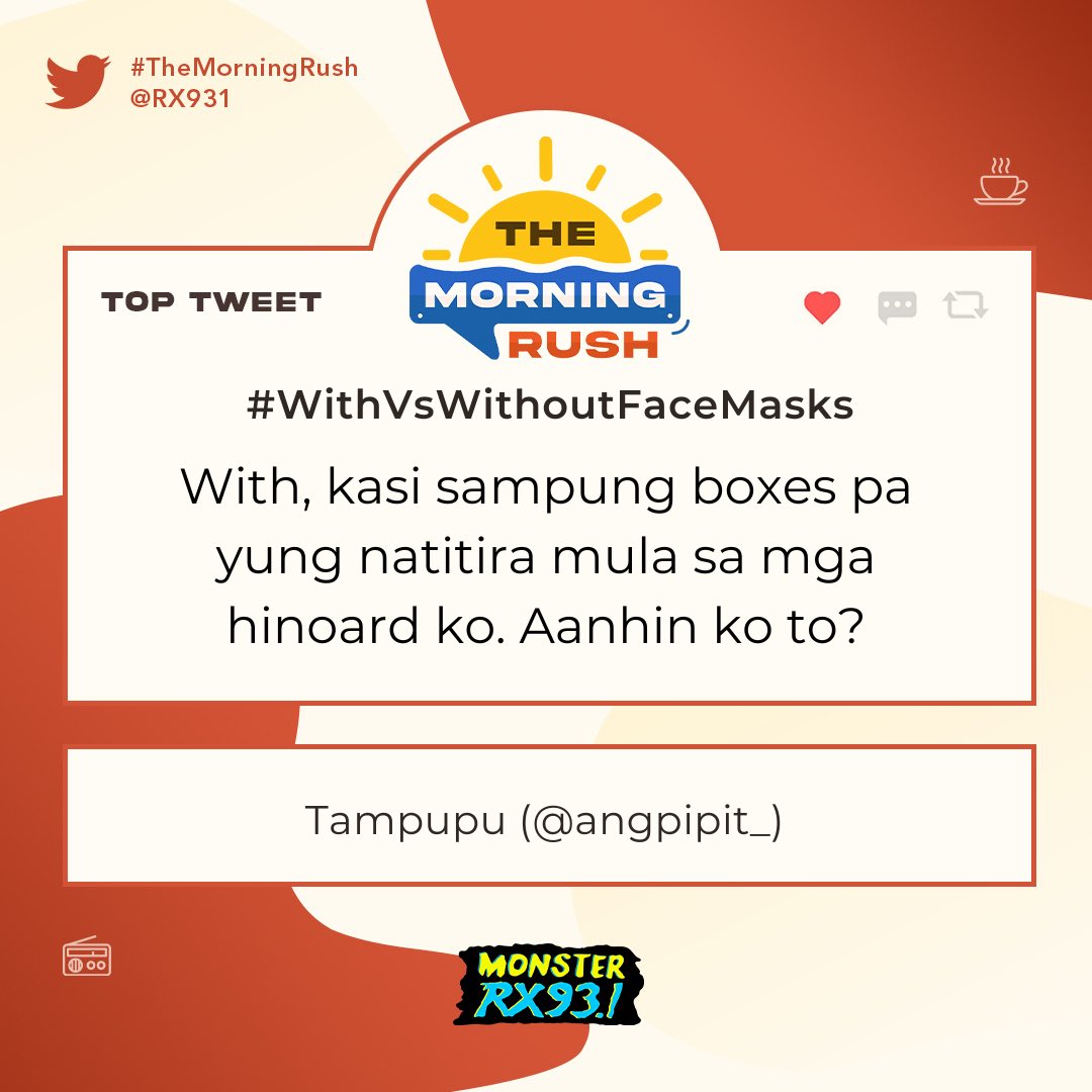 RX931's tweet photo. Top Entry: #WithVsWithoutFaceMasks from @angpipit_ #TheMorningRush https://t.co/51le2BAxOS