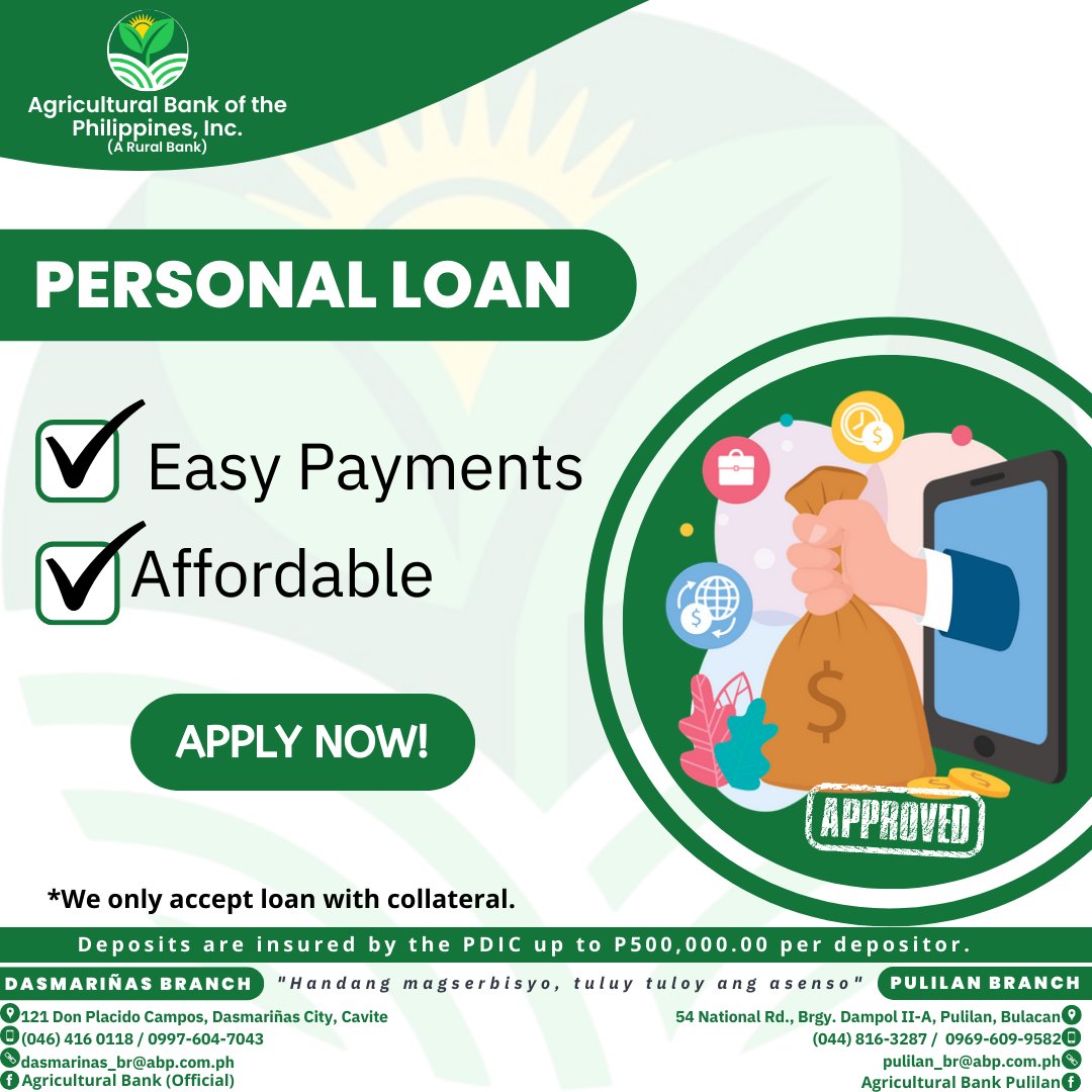 phil_agribank's tweet photo. Apply for Personal Loan Now!

#AgriculturalBankofthePhilippinesInc 
#HandangMagserbisyoTuluytuloyAngAsenso https://t.co/1cO50uNB79