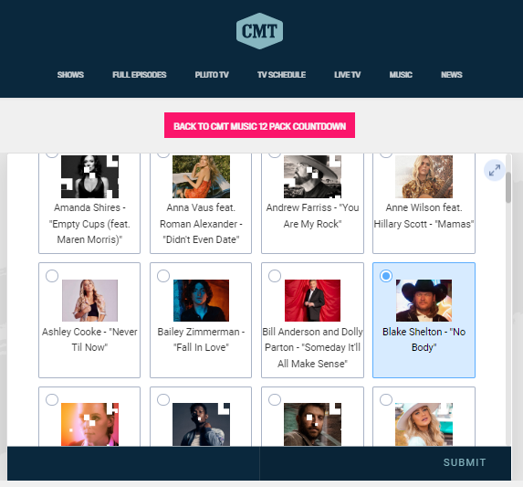 MingTatong's tweet photo. Let's continue to vote (unlimitedly) for Blake Shelton's #NoBody. @blakeshelton @CMT #CMT12PackCountdown
Link here: https://t.co/wex1cyyLWj https://t.co/cFIZK10GpQ