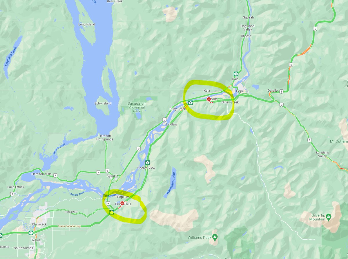 DriveBC's tweet photo. Google Maps is reporting the Highway 1 is closed until midnight between Highway 9 &amp; #HopeBC. Wrong.

Google Maps is not correct. 

#BCHwy1 is open [since 3PM] in both directions between #HopeBC and #BCHwy9, with an eastbound lane and speed reduction to 80 KM/H.

⚠️#ConeZoneBC🦺 https://t.co/USgGGqmwMS