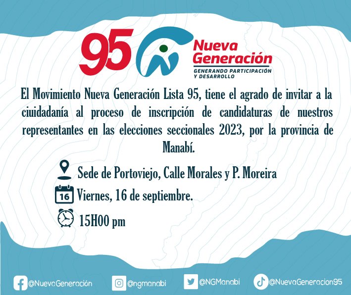 NGManabi's tweet photo. Con gran responsabilidad anunciamos la inscripción de candidaturas de nuestro movimiento.
Contamos con su presencia!
#NuevaGeneración #SoyNuevaGeneración #Manabí #Lista95 #Elecciones2023 https://t.co/Q4ILnZ2R2e