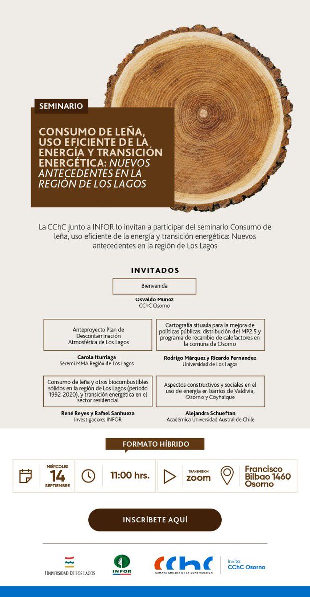 🟢 Invitación SEMINARIO 
“Consumo de leña, uso eficiente de la energía y transición energética: nuevos antecedentes en la Región de Los Lagos”

Organizan:
@CamaraCChC 
<a href="/INFOR_Minagri/">Instituto Forestal</a> 

🗓 Miércoles 14/09
⏰ 11:00 hrs.
Formato híbrido: virtual (zoom) y presencial.

+ info 👇🏼
