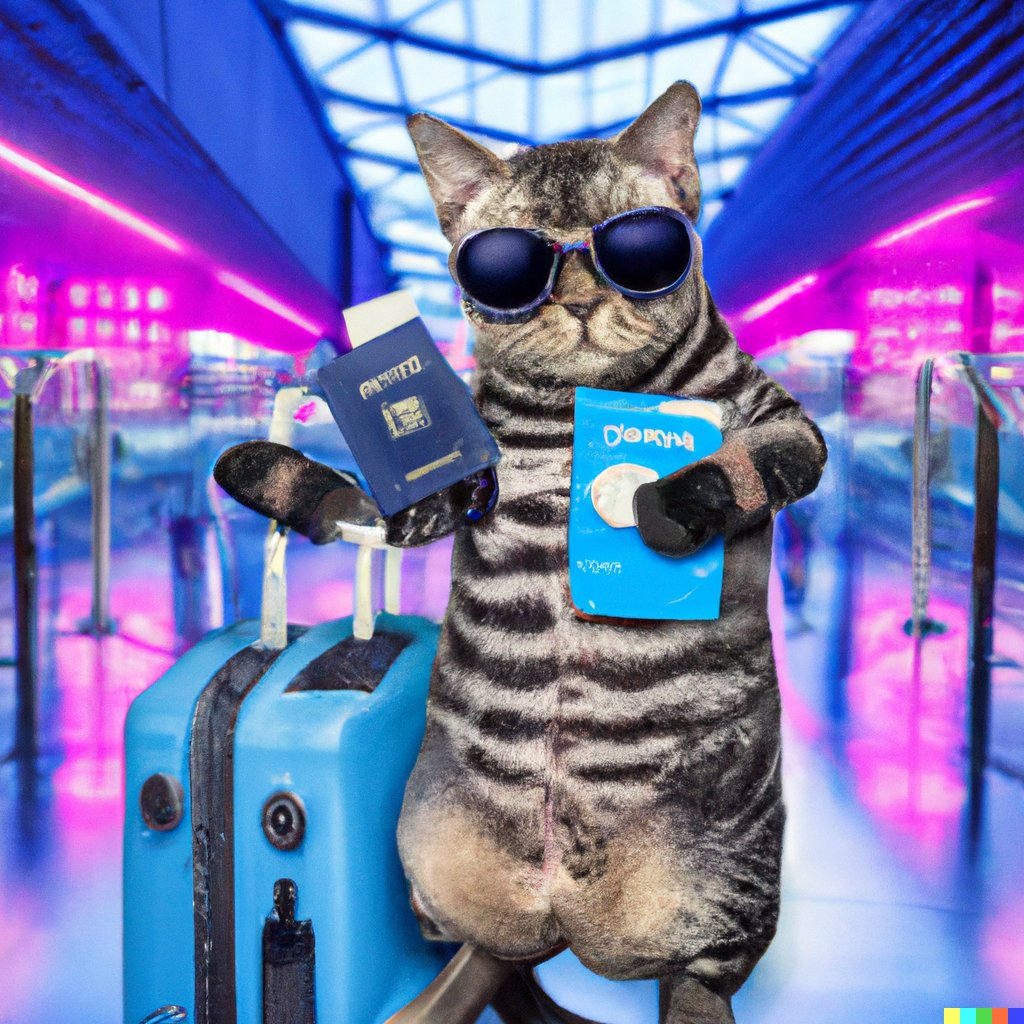 ePassport_nft's tweet photo. E-passport will soon launch! Are you ready to have your very unique NFT passport? 

#dalle2  #nft #Ethereum  #Crypto  #blockchain 
“cyberpunk cat holding passport hapily with travel bag and luggage in an airport” https://t.co/kMLxZK6P4P