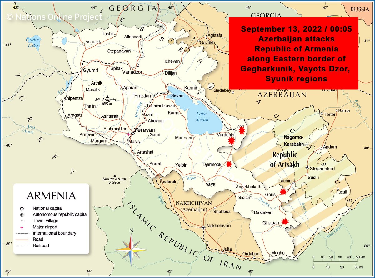 CineSeda's tweet photo. !!! #Azerbaijan attacks #Armenia along its Eastern border regions Gegharkunik, Vayots Dzor and Syunik. Strong explosions were heard in the cities of Jermuk, Vardenis, Kapan, Goris! The attack started at midnight! https://t.co/3zlkOup9Hw
