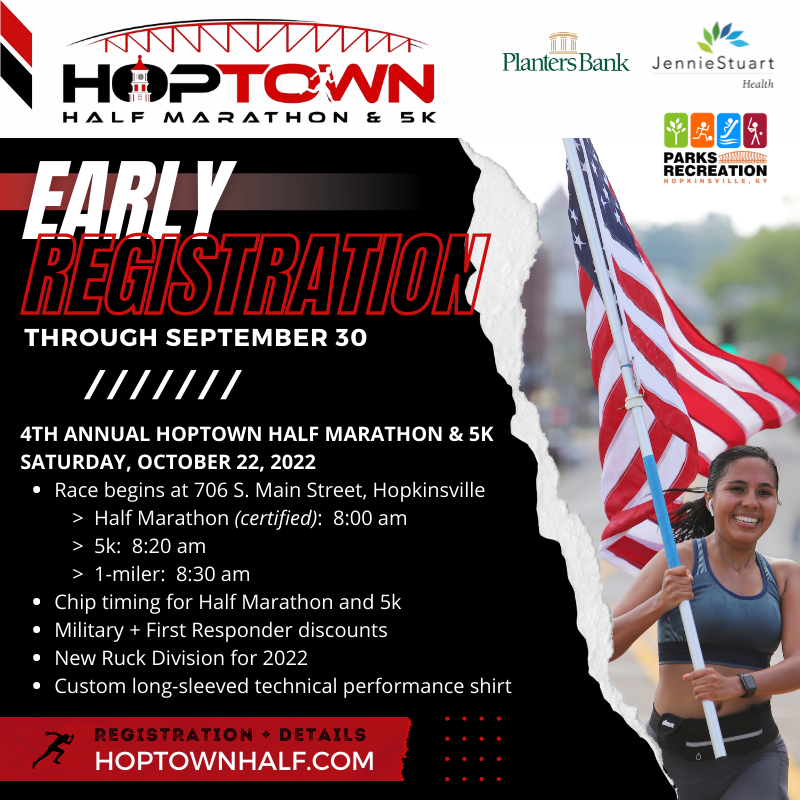 4️⃣0️⃣ RACE DAY is only 40 days away! 🏃‍♀️🏃‍♂️ Discounted early registration ends on Sept 30 - and don't forget about our new Ruck division. We can't wait to see everyone on Oct 22! hoptownhalf.com
#HoptownHalfMarathon #kentuckyhalfmarathon #raceinfo #hopkinsvilleevents #5krace