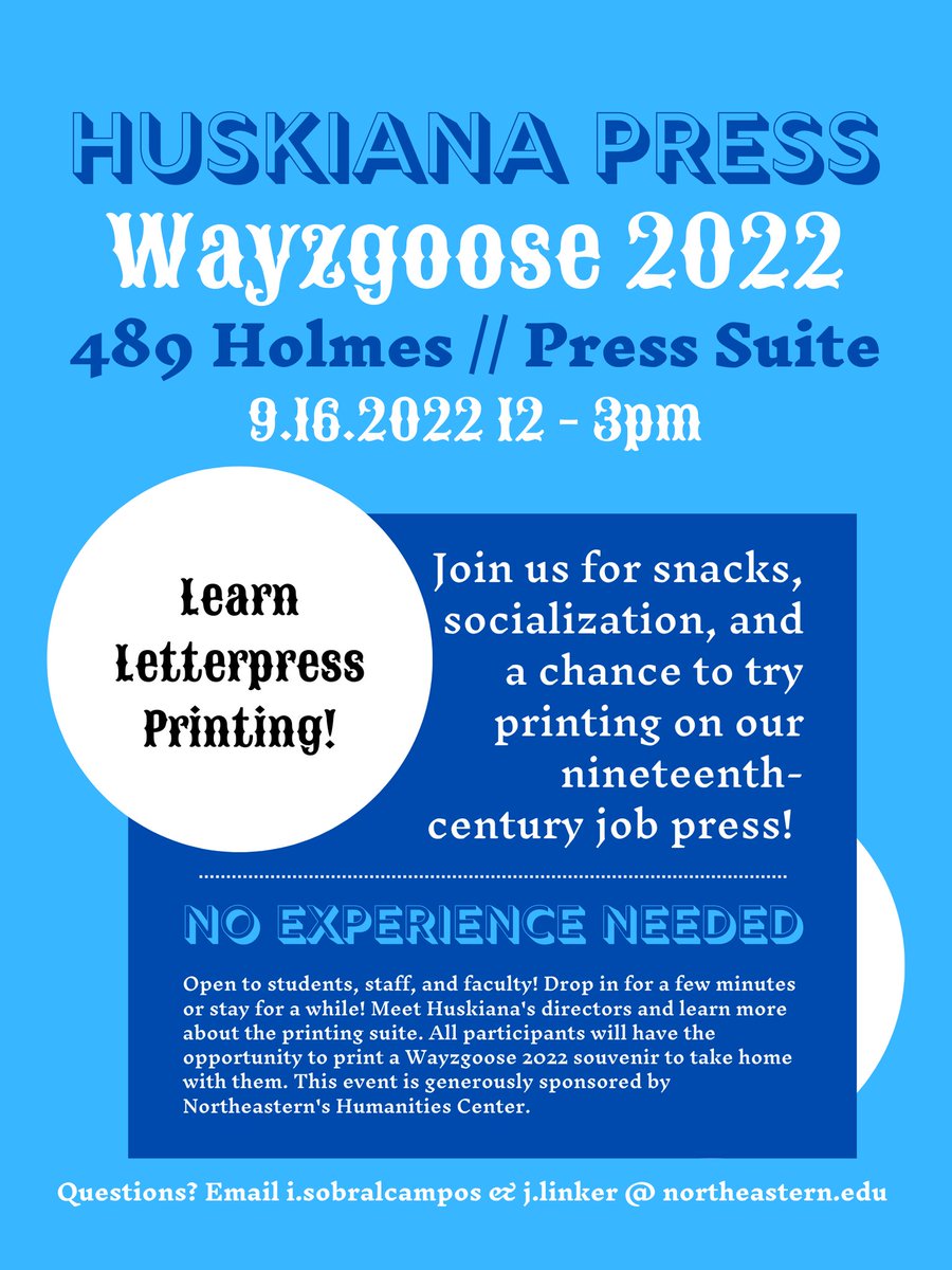 huskiana's tweet photo. Huskiana Press is holding a Wayzgoose on Friday, Sept 16, from 12 to 3pm! Join us and have a chance to print a souvenir on the Pearl! @NUCSSH @HistoryDept_NU @english_nu https://t.co/BtBPwUeXMS