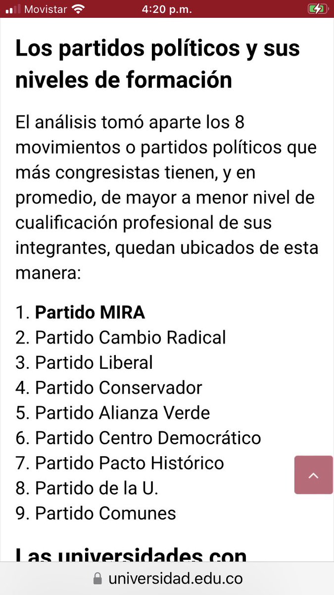 manolitosalazar's tweet photo. Por partidos políticos los niveles de formación lo encabeza el @PartidoMIRA seguido por @PCambioRadical y de último @ComunesCoL https://t.co/Gt28zWKtzA