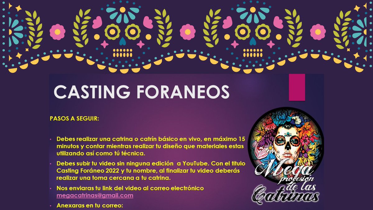 MEGACATRINAS's tweet photo. #Atención
#UltimasFechas de casting para #MaquillistasOficiales de la #MegaProcesionDeCatrinas 2022
Toda la información en: https://t.co/BGqbIYuB9y https://t.co/QFJMxn5boN