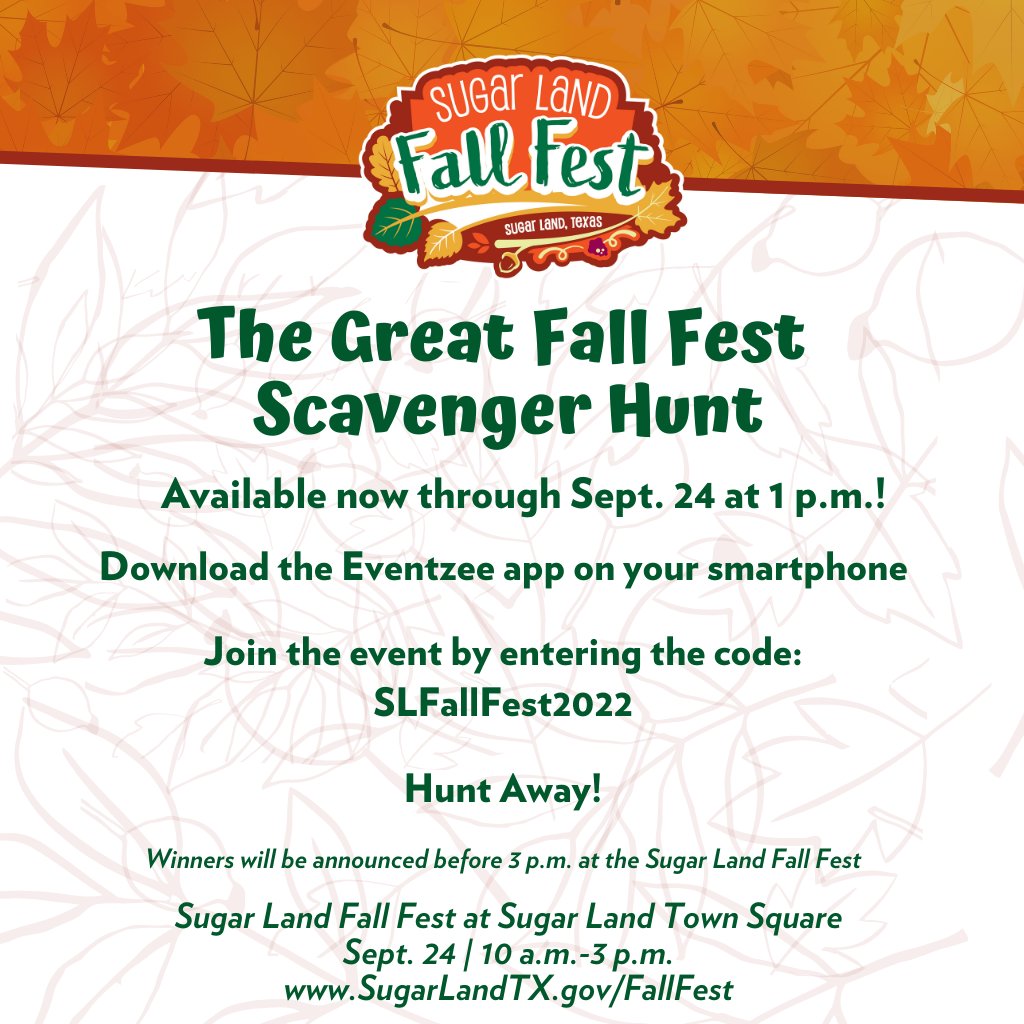 The Great Fall Fest Scavenger Hunt is on - do YOU know Sugar Land Town Square well enough to win the hunt and take the cake?! (metaphorically speaking... there's no cake. BUT there is a super sweet prize basket for the top 25 contestants!)