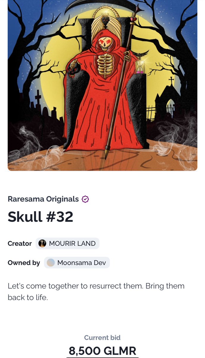 MourirLand's tweet photo. Wow, thank you so much to all bidders.  Especially the winner!  Thank you for liking my art.  and very honored  Feel lucky to be part of the amazing @RaresamaNFT Originals collection. Thank you @MoonsamaNFT team @DonnieBigBags ♥️

#nftart #NFTCommunity #Moonbeam #RARESAMA #NFT https://t.co/wsRhWNM82L