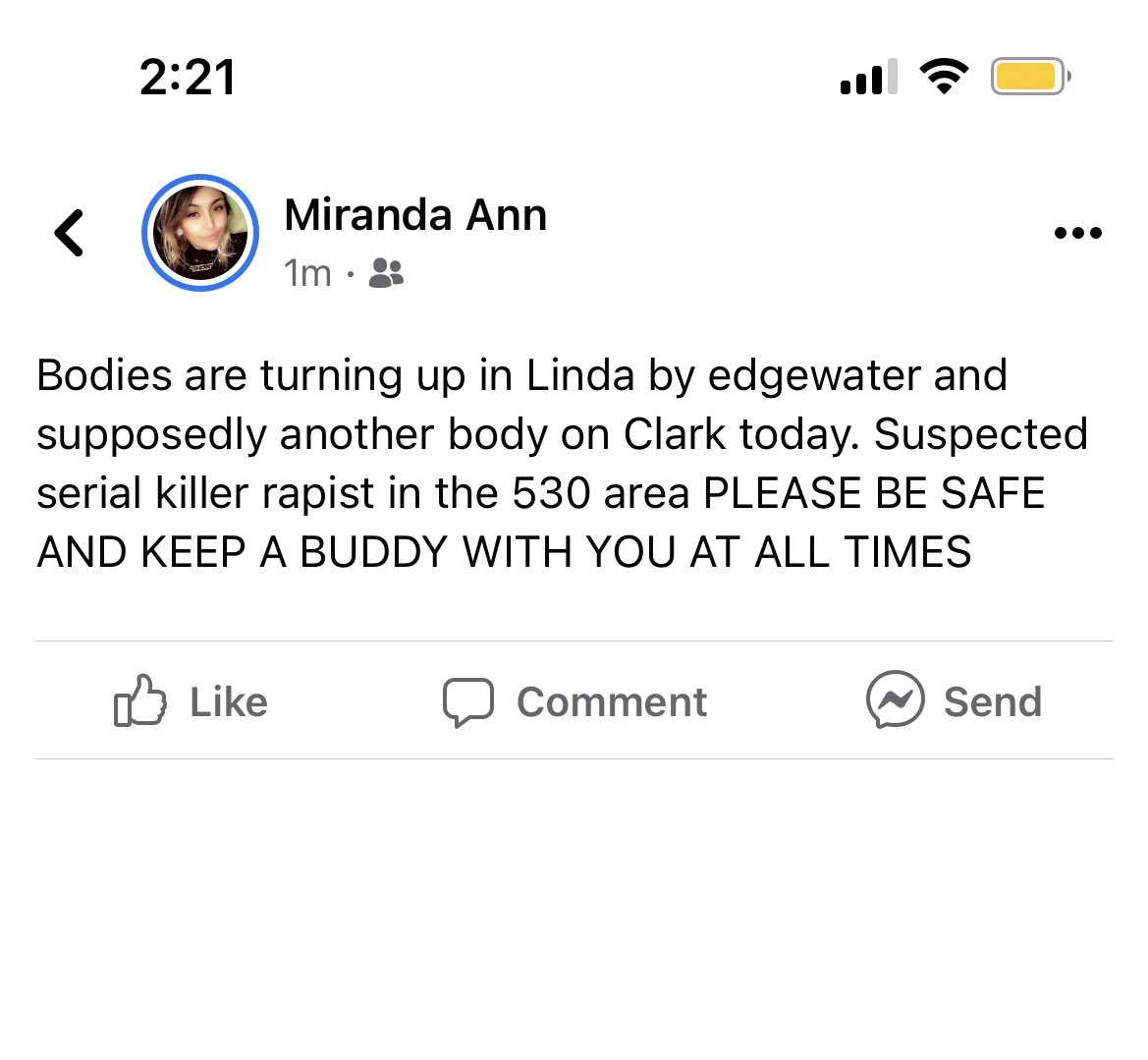 to all my women out in yuba, please be safe. please please please be aware of your surroundings, carry pepper spray, a taser, something with you at all times!! most of all don’t be alone when the sun is starting to go down!!