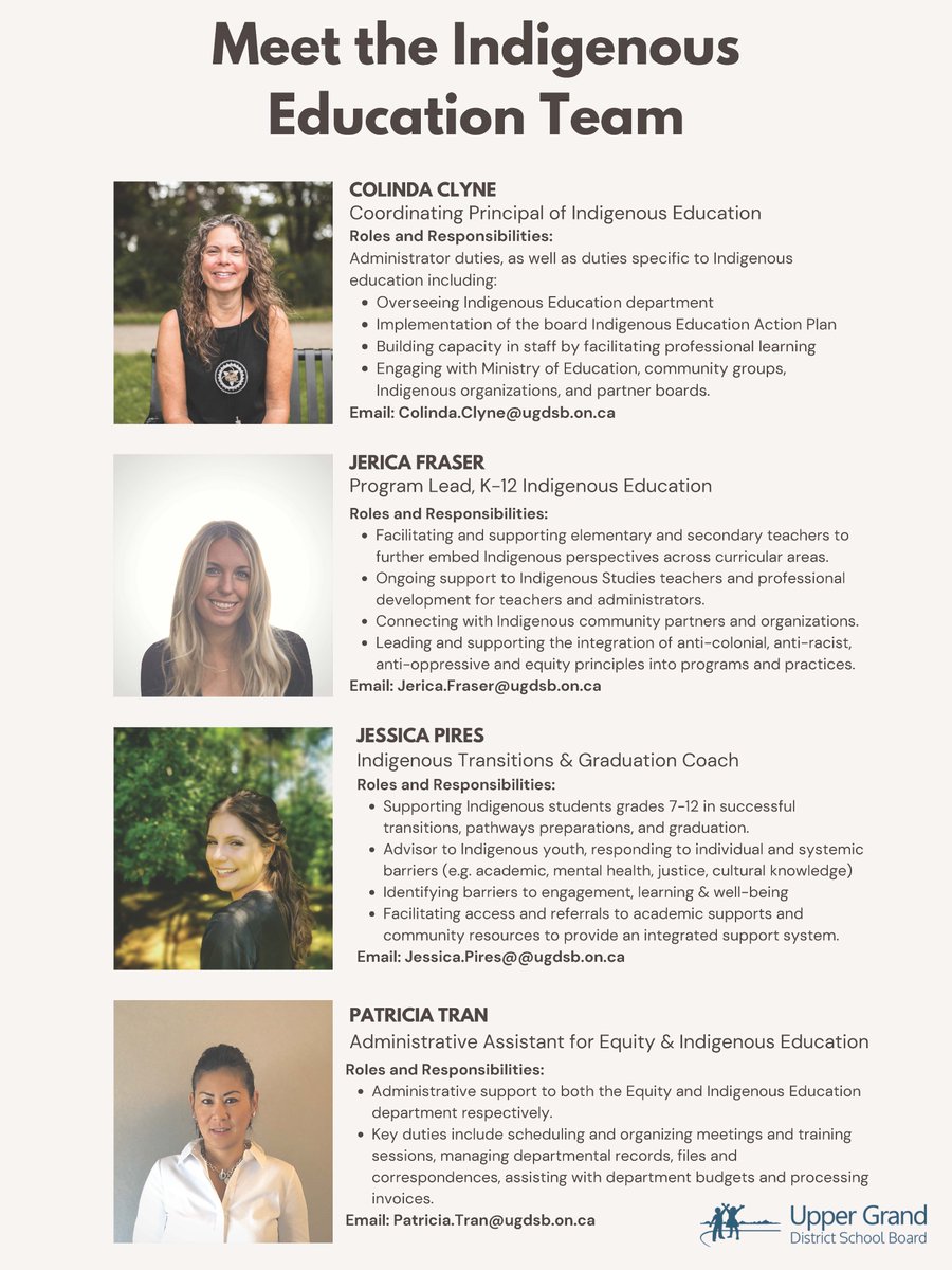 Big news! Welcome <a href="/JericaFraser/">Jerica Fraser</a> to <a href="/ugdsb/">Upper Grand DSB</a>
 in my former position as Program Lead #IndigenousEd. We are SO lucky to have her! We also have a new graduation coach Jessica Pires &amp; admin asst Patricia Tran. And I've got a new gig. Great things going to happen with this team!✊🏽🙌🏽🔥