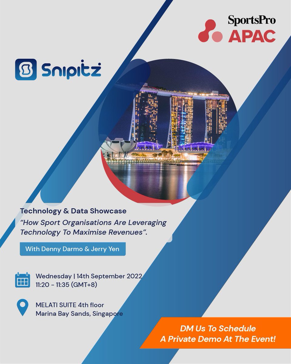 The #Sniptiz team is on their way to #SportsPro MediaAPAC! Make sure to mark your calendars to hear Denny Darmo and Jerry Yen speak at the Data and Technology Showcase.
If you haven't yet set up time to #MeetTheCrew, make sure to DM us to coordinate a private demo!