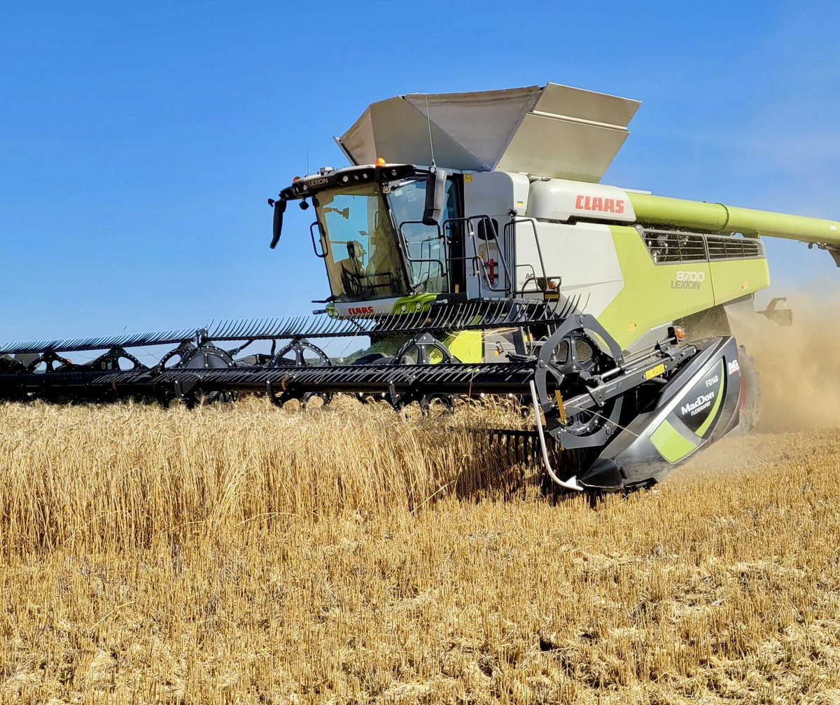 agauthority's tweet photo. Efficiency.  Our demo LEXION cruising  through thick wheat, with very little loss.  #harvest22 #westcdnag #saskag @CLAAS_America https://t.co/weofWTPNEU