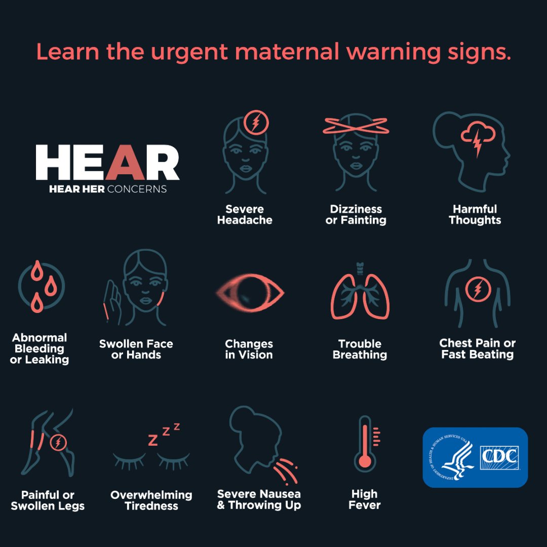 StateHealthIN's tweet photo. Did you recently have a baby? Problems due to pregnancy can happen up to a year after delivery. If you experience these urgent warning signs and symptoms, seek medical care right away: https://t.co/HUzZMbtSpQ #HearHer https://t.co/VGvVBbN9MG