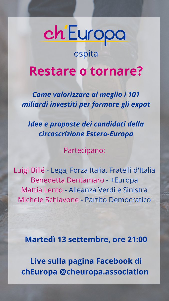 cheuropa's tweet photo. Restare o tornare? Come valorizzare al meglio i 101 miliardi investiti per formare gli expat 🇮🇹

Partecipa al secondo incontro con i candidati in corsa nella circoscrizione estero 🇪🇺 promosso da @chEuropa. Ci vediamo stasera a partire dalle 21:00👇

https://t.co/UMj0JlaCVG https://t.co/WCvEzeoiRQ