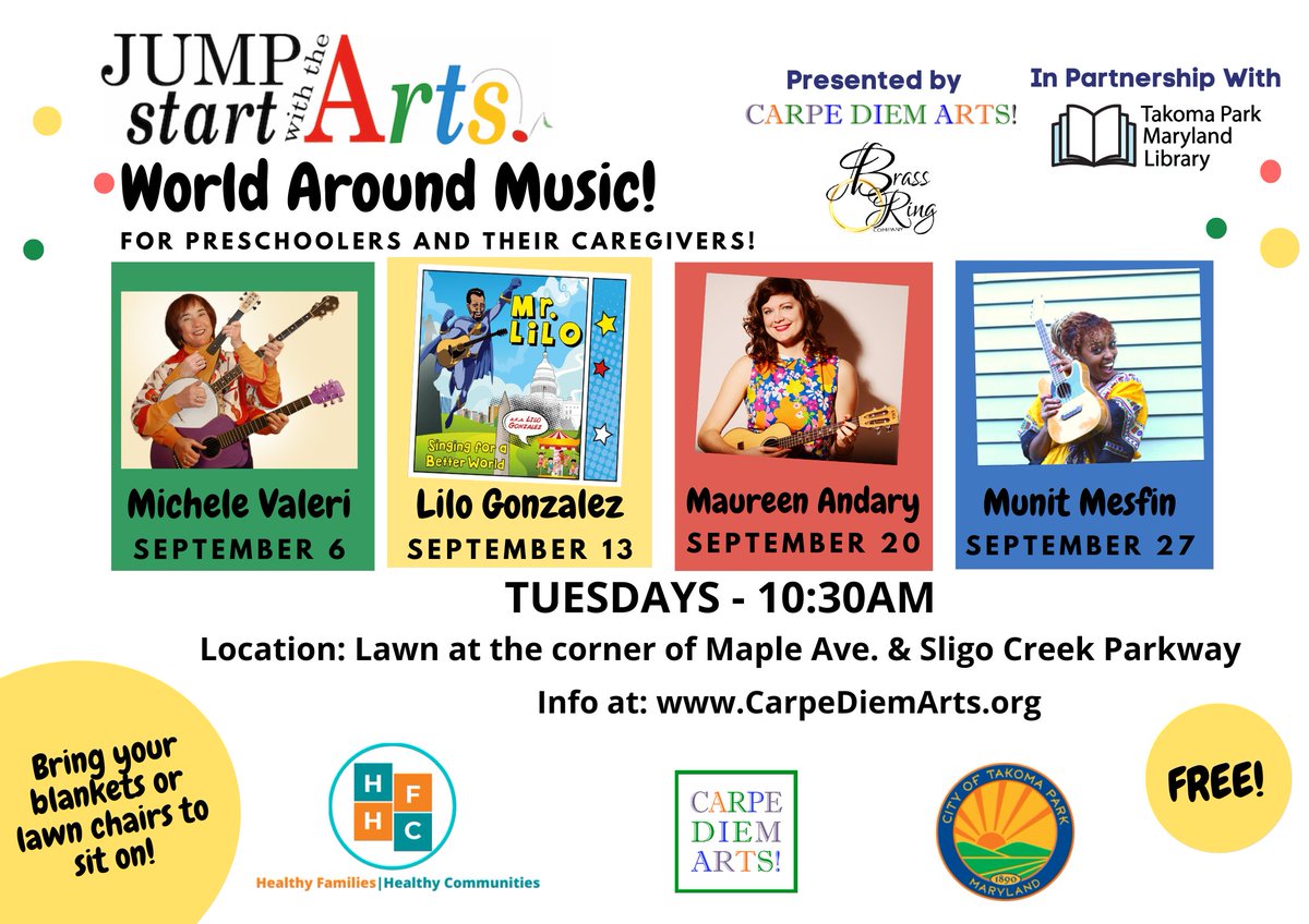 Tuesday, Sept 13 - 10:30-11:15am - Enjoy an uplifting morning concert with Mr. Lilo (aka Lilo Gonzalez) for preschoolers, parents, caregivers, play groups. Outdoors in the park at the corner of Sligo Creek Parkway and Maple Ave, near Essex House. Bring a blanket or lawn chairs.