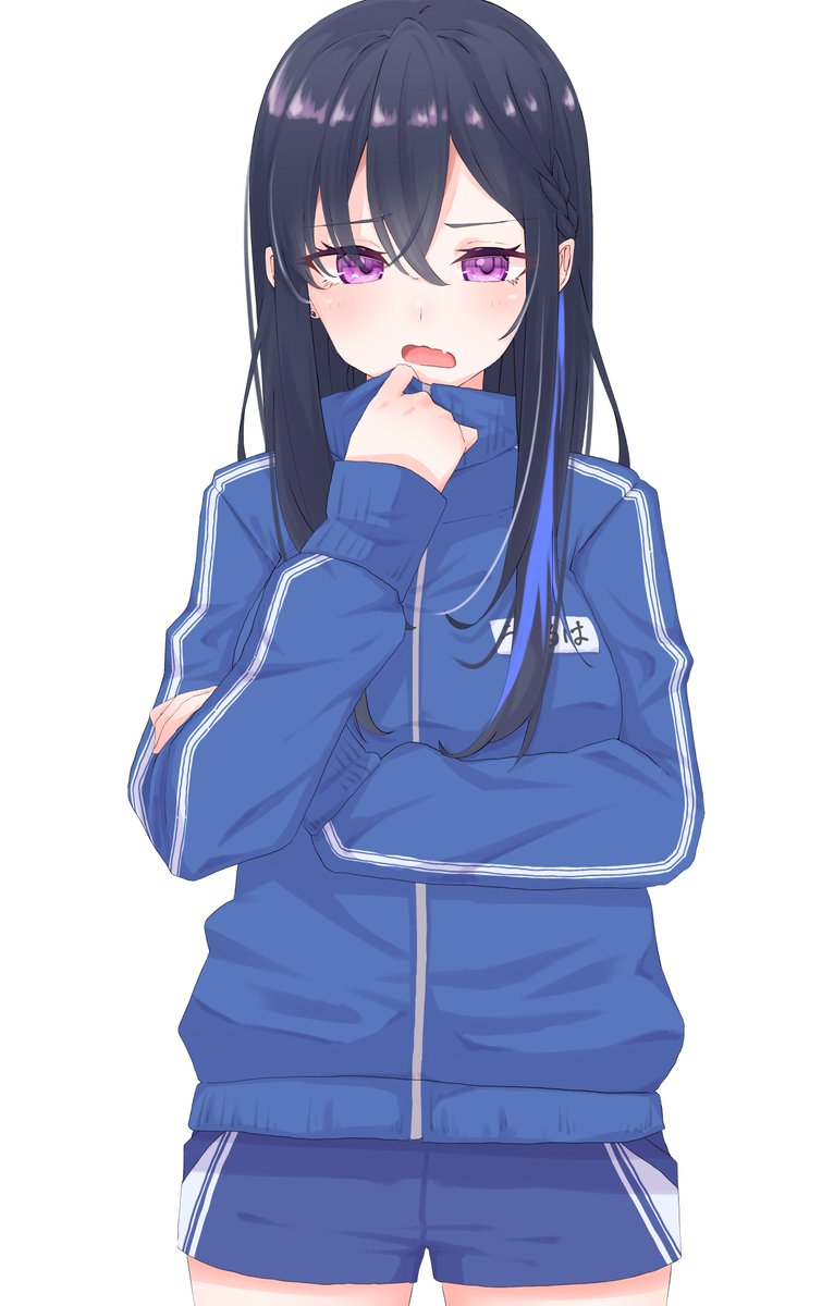 1girl solo shorts jacket purple eyes black hair long hair  illustration images