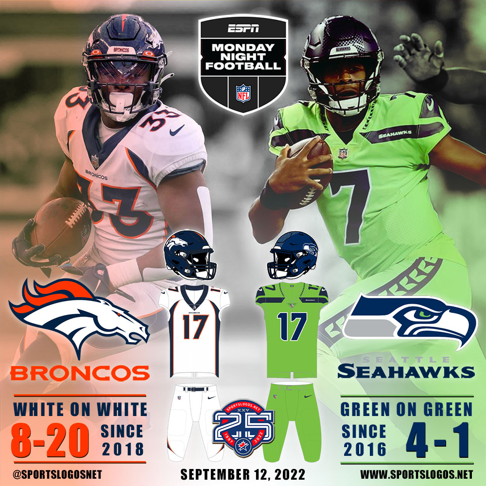 Chris Creamer  SportsLogos.Net on X: 'Fit Check: Monday Night gives us the  Denver Broncos in white-over-white visiting the Seattle Seahawks in their  alternate 'Action Green' uniform. Denver hasn't won wearing all