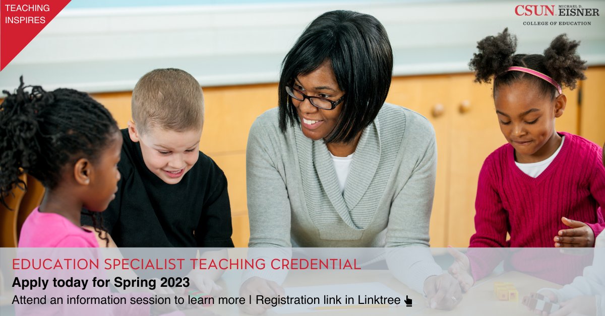 EisnerEducation's tweet photo. Be a part of the solution of the teacher shortage and get your Education Specialist Credential! Learn about our 3 concentrations in the Education Specialist credential program and register for an upcoming Special Edu. info session. 
#EducationSpecialist #Spring2023 #SPED https://t.co/u6Wc2Sxf7a