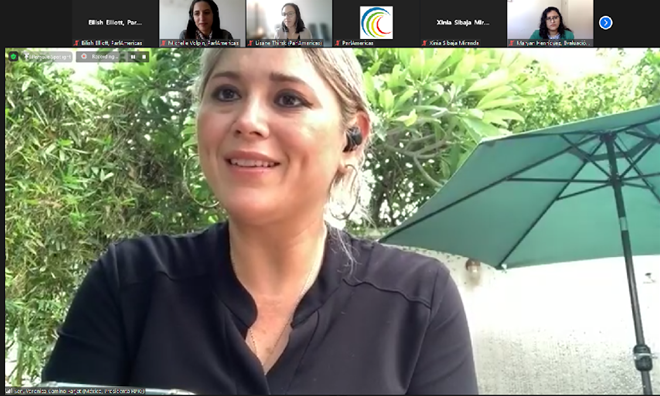 ParlAmericas's tweet photo. Agradecemos a las/los participantes y a las invitadas @veronicacamino, Presidenta de #ParlAmericasGEN, @NataliaGherardi de @equipoela y Gabrielle Elie de #YWiLStLucia por sumarse a pensar cómo tranversalizar la perspectiva de género en la labor parlamentaria. https://t.co/TRbIaumAtc