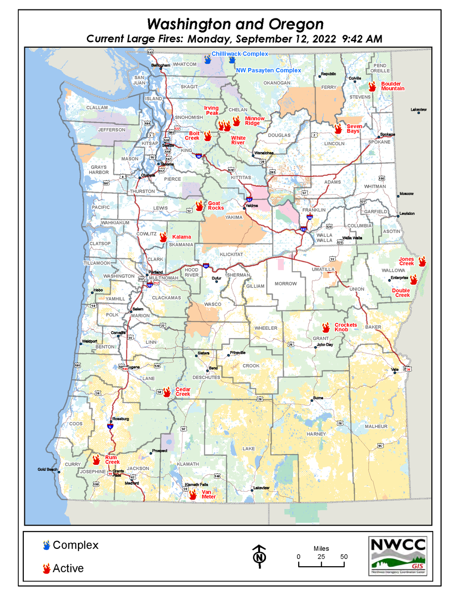 NWCCInfo's tweet photo. As of Monday, September 12 here's the location of the 16 active large fires and complexes in the Pacific Northwest -- 6 in Oregon and 10 in Washington!
This new 🗺 shows the exact location of the active and uncontained large fires, as of September 12, 2022. https://t.co/NjMu7zEVSt