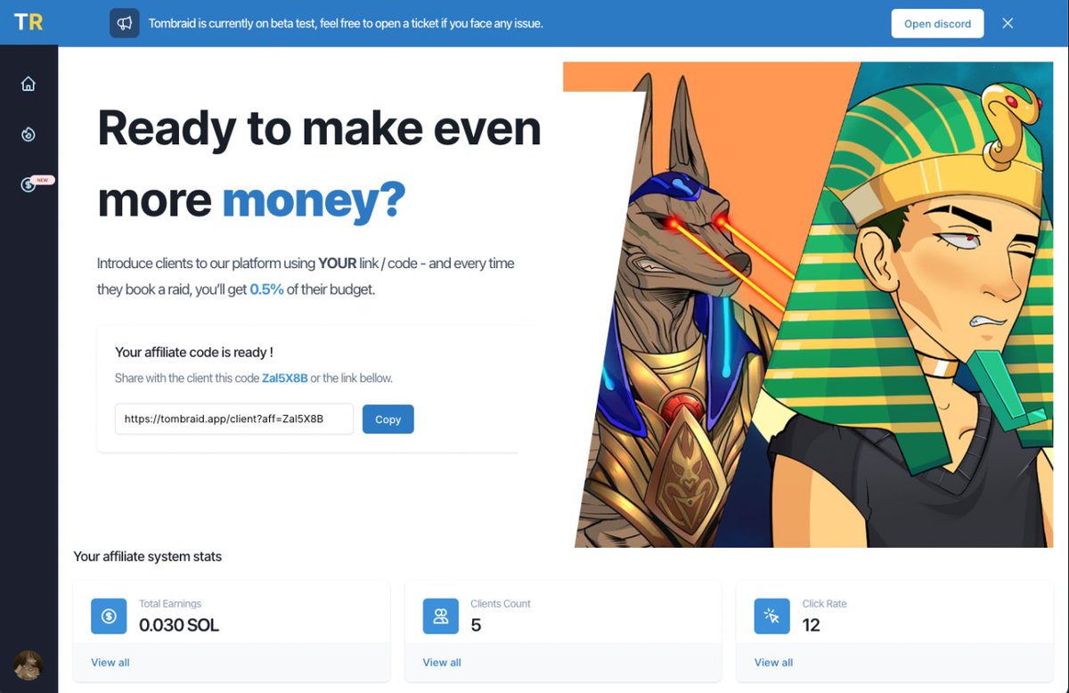 <a href="/AnubisPuntNFT/">Anubis Punt</a> and <a href="/AlphaPharaohs/">Alpha Pharaohs - No1 Marketing Platform on Solana</a> are selling out Raids like  #sol projects were selling out 8 months Ago 🏁

To add more to it: TombRaid Affiliation is coming live tomorrow 🚀

Earn up to 0.5% of the whole Raid budget  💸

#Anubish