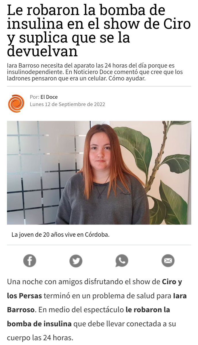 A una amiga le robaron la bomba infusora de insulina en el concierto de Ciro y los persas. Ella la necesita para mantener estable su salud. Quienes tengan información y puedan aportar es de mucha ayuda, quizás para otros no tiene utilidad, para ella es de vital importancia.