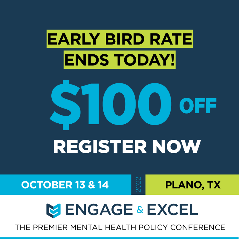 MeadowsInst's tweet photo. Today is the last day to secure Early Bird pricing for Engage &amp; Excel 2022, the nation's premier #mentalhealth policy conference! 📣

Register today and save on your in-person or digital conference experience. #EngageExcel