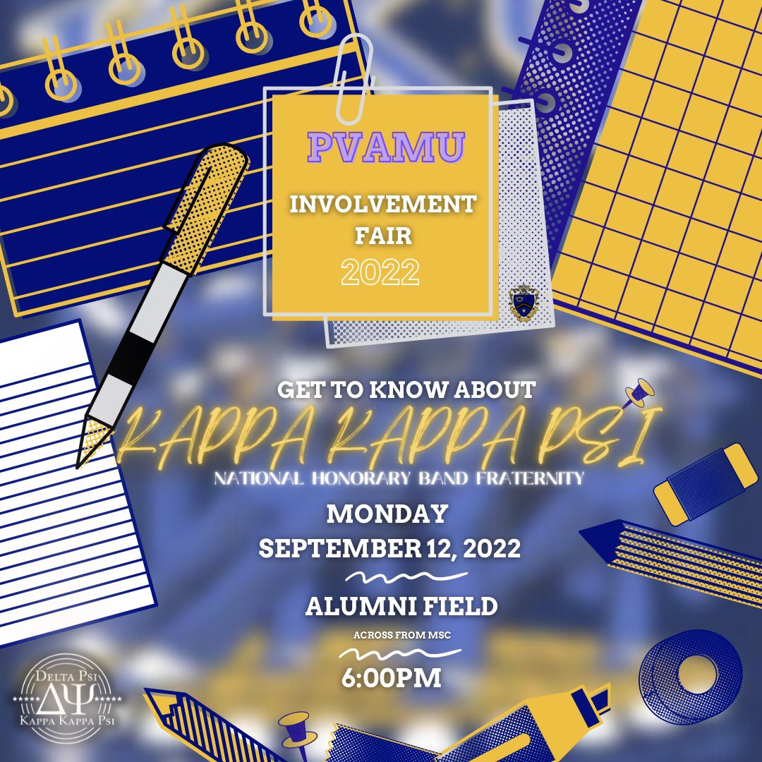 jvsimm's tweet photo. Come speak & meet with your favorite band fraternity TODAY at the 2022 PVAMU Involvement Fair from 6pm-9pm on the Alumni Field! 🐾🟣
•
Get know more about our service, our purpose, and mission statement of our fraternity 🔱
•
#AEA #PVAMU #DELTAPSI #KKPSI https://t.co/fgijTplXmH