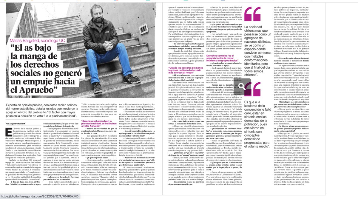 Súper interesante esta entrevista al sociólogo y experto en opinión pública Matías Bargsted para entender por qué ganó el Rechazo (y por qué creer que es un logro de la derecha no tiene nada, pero nada que ver...).