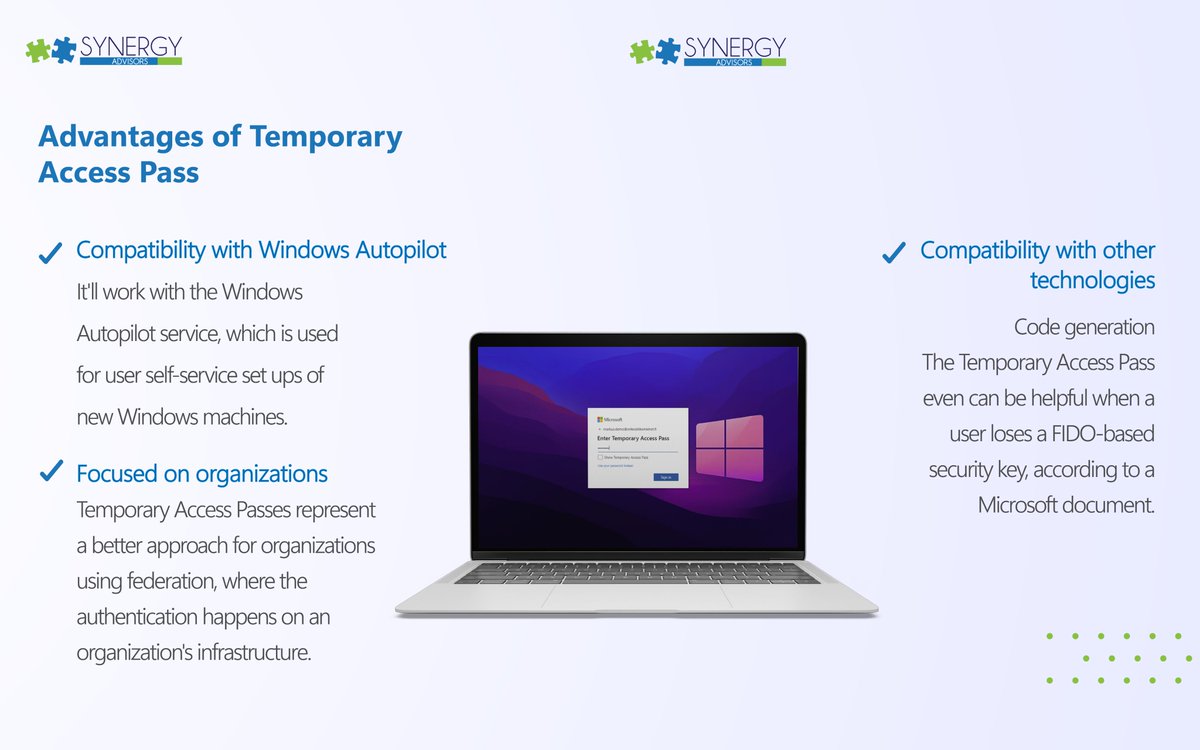 SynergySEC's tweet photo. Temporary Access Pass is a time-limited passcode that enables users to register #passwordless  authentication methods and recover access to their accounts without a password.

#WeAreSynergy #SomosSynergy #TemporaryAccessPass #Cybersecurity #InformationSecurity #Ciberseguridad https://t.co/XJCVslTlKM
