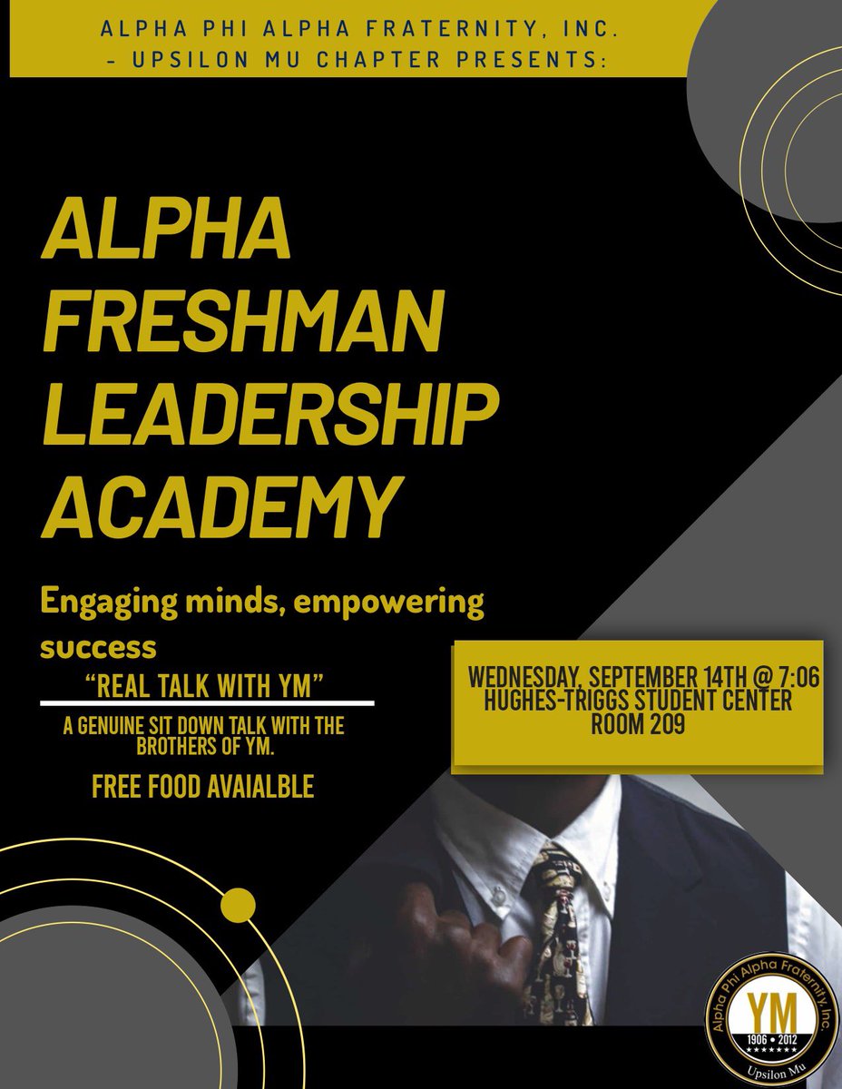 Come chat with the Alphas and learn tips on how to be successful at SMU. 
It’s time for a genuine talk in an environment that your thoughts, opinions and concerns will be respected.

Food will be provided.