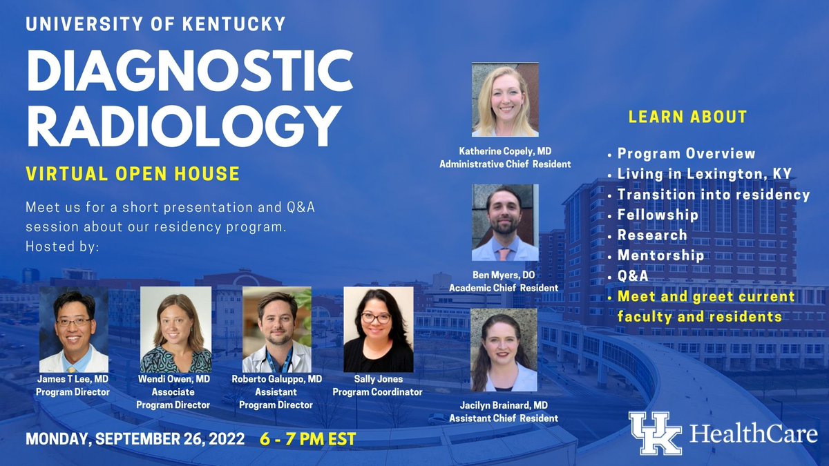 UKy_RAD_RES's tweet photo. #SaveTheDate We will be doing our first #virtualopenhouse this September 26th at 6PM EST. Tune in to check our program out, hear about the perks of living in #Lexington, and meet current faculty and residents! Registration info to follow! #futureradres #radtwitter @TheRadRoom https://t.co/pGpDmRzhpx