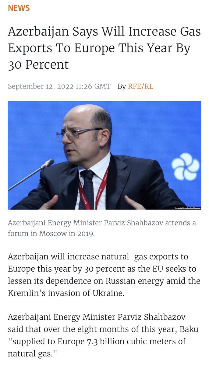 LindseySnell's tweet photo. The same day Azerbaijan launched a cross-border attack on Armenia, Azerbaijan’s Energy Minister bragged that AZ gas exports to Europe will increase by 30% this year. https://t.co/KZpXuxzj6d