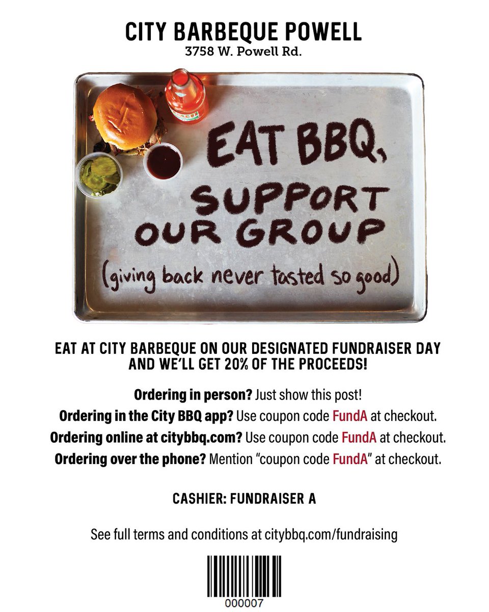 HyattsPTO's tweet photo. The Hyatts PTO is having a fundraiser at City Barbeque Powell on 9/21! Order online or head on over to show your support and enjoy some BBQ &amp; we’ll get 20% of sales from everyone who shares this post or uses our fundraiser code when they order online or in the app! https://t.co/J3qx32TyoD