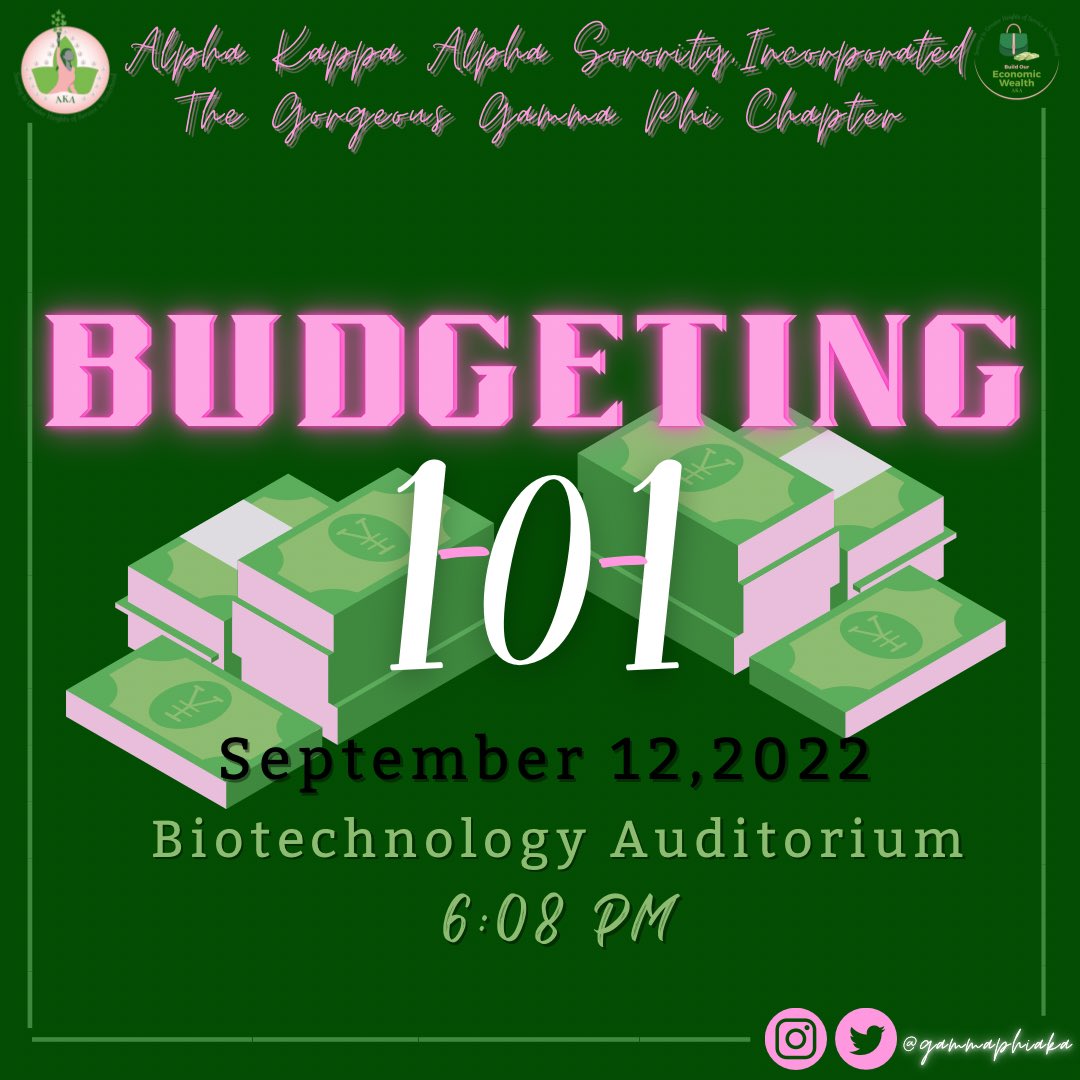 Our Budgeting 101 event location has been changed to the Biotechnology Auditorium. 6:08 PM. We can’t wait to SKEE You There!💗💚 #AKA1908 #SOARINGWithAKA #Budgeting101