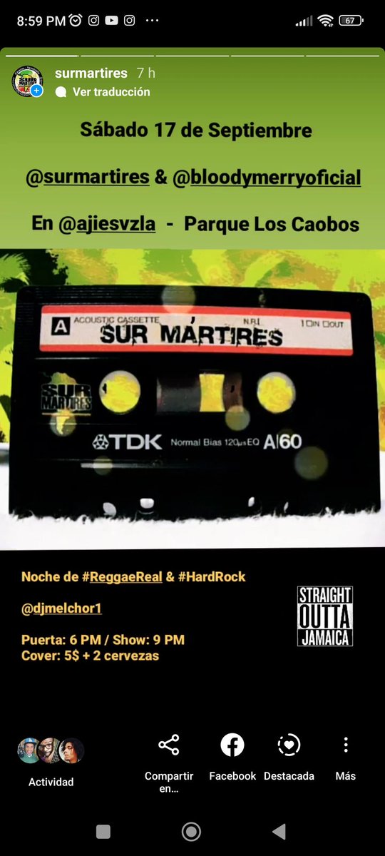 SurMartires's tweet photo. Pendiente de vacilar una Noche de #ReggaeReal y #HardRock? Les esperamos este Sábado 17 @SurMartires y #BloodyMerry en @AjiEsVzla junto al @DjMelchor1 Cover 5$ +2 🍺🍺 #ParqueLosCaobos https://t.co/DA6QZ3cAq3